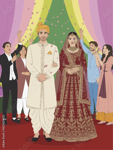 Muslim Bride and Groom Celebrating Wedding with Friends Tossing Flowers