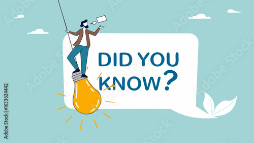 did you know illustration with businessman coming out of light bulb idea with megaphone and speech bubble saying did you know?, expert information, explanation or solution, useful tip or knowledge
