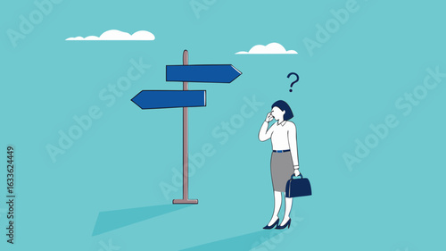 choose a new career path, confused businesswoman about choosing his career direction, make life decision choice, decide the right or wrong direction