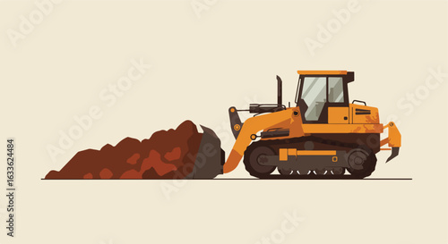 Orange bulldozer pushing a pile of dirt in a flat, simplistic illustration