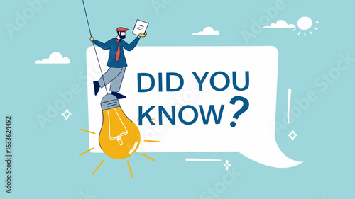 did you know illustration with businessman coming out of light bulb idea with megaphone and speech bubble saying did you know?, expert information, explanation or solution, useful tip or knowledge