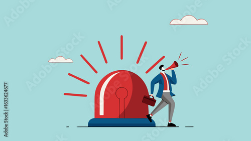 state of emergency declaration, provide emergency information to others as a precaution, warning about danger concept, businessman with megaphone giving instructions about current state of emergency