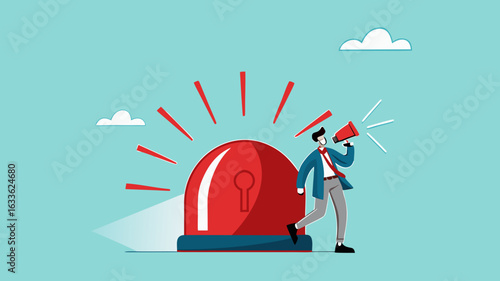 state of emergency declaration, provide emergency information to others as a precaution, warning about danger concept, businessman with megaphone giving instructions about current state of emergency