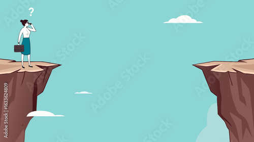 creative problem solving at work illustration with the concept of a businesswoman who is looking for a way to cross the gap between two cliffs, challenge at work
