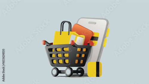 A shopping cart filled with bags and a wallet next to a phone showing online shopping concept art