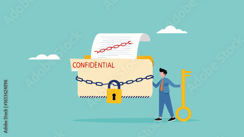 confidential document or important business document, secret security key for privacy protection, security for save important files or documents, businessman lock document folder with security padlock