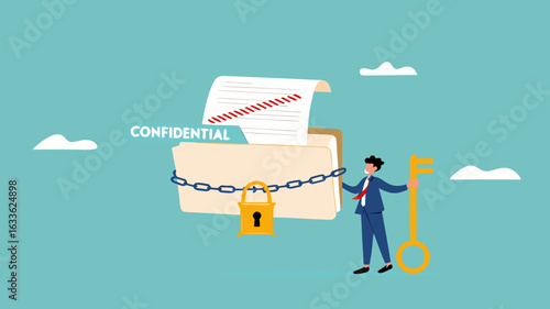 confidential document or important business document, secret security key for privacy protection, security for save important files or documents, businessman lock document folder with security padlock