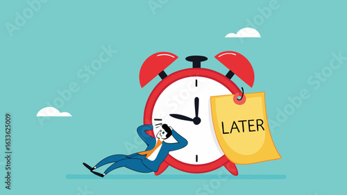 Procrastination or wasting work time with businessman sleeping leaning on an alarm clock with the word later written on paper sticky notes, delaying work or wasting time, laziness to do a task or job