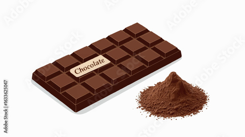 Digital illustration of a chocolate bar and cocoa powder on a white background