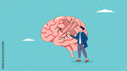 businessman treats Human Brain With Adhesive Plaster, businessman placing bandage on injury, healing or relaxation of the mind