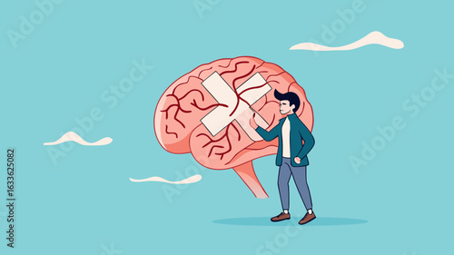 businessman treats Human Brain With Adhesive Plaster, businessman placing bandage on injury, healing or relaxation of the mind