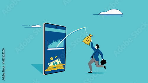 phone scam with fraud investment offers, social media crime with theft of personal data, happy man who is tempted by fake investment offers that are detrimental and threaten personal data