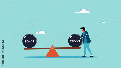 stock and bonds in balance illustration, weight ball on seesaw that symbolize harmony and equity between Stock and bonds, businessman balancing the weight of stock and bonds on a seesaw illustration