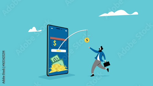 phone scam with fraud investment offers, social media crime with theft of personal data, happy man who is tempted by fake investment offers that are detrimental and threaten personal data