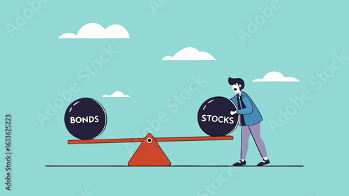 stock and bonds in balance illustration, weight ball on seesaw that symbolize harmony and equity between Stock and bonds, businessman balancing the weight of stock and bonds on a seesaw illustration