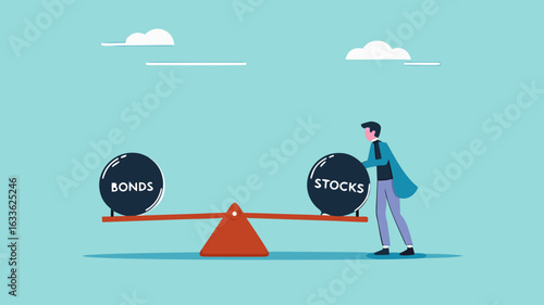stock and bonds in balance illustration, weight ball on seesaw that symbolize harmony and equity between Stock and bonds, businessman balancing the weight of stock and bonds on a seesaw illustration