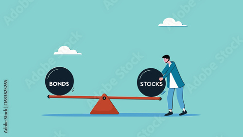 stock and bonds in balance illustration, weight ball on seesaw that symbolize harmony and equity between Stock and bonds, businessman balancing the weight of stock and bonds on a seesaw illustration