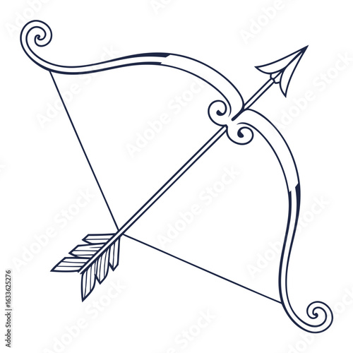 A stylized line drawing of an ornate bow with a nocked arrow, featuring elegant scrollwork.