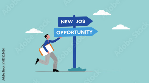 new job illustration with the concept of a businessman who is very happy towards his new job, change to new job, recruitment concept, career or opportunity, new challenge to success concept design