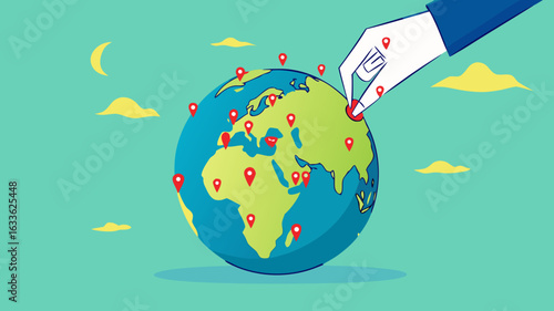 Businessman hand put new branch pin on world map across globe. Global business expansion, open company branches, franchise in new location to cover all continent. growing business worldwide concept