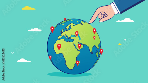 Businessman hand put new branch pin on world map across globe. Global business expansion, open company branches, franchise in new location to cover all continent. growing business worldwide concept