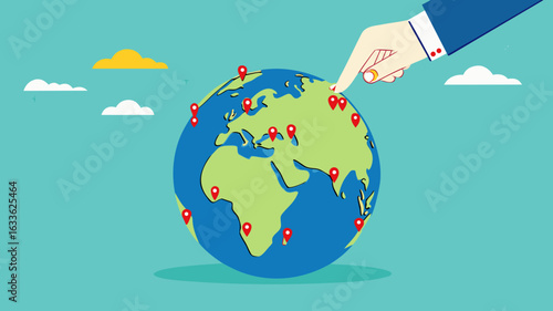 Businessman hand put new branch pin on world map across globe. Global business expansion, open company branches, franchise in new location to cover all continent. growing business worldwide concept