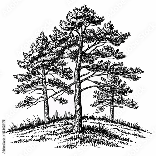 Hand-Drawn Pine Trees on Hill – Black and White Forest Ink Illustration