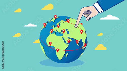 Businessman hand put new branch pin on world map across globe. Global business expansion, open company branches, franchise in new location to cover all continent. growing business worldwide concept