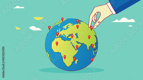 Businessman hand put new branch pin on world map across globe. Global business expansion, open company branches, franchise in new location to cover all continent. growing business worldwide concept