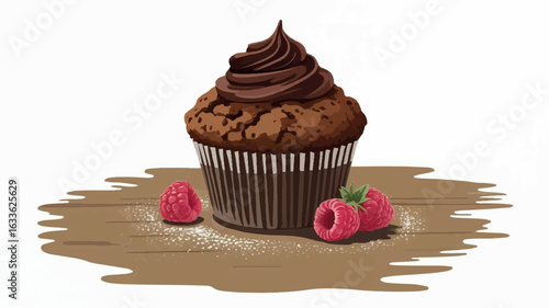 Digital illustration of a delicious chocolate muffin in a brown striped paper cupcake liner