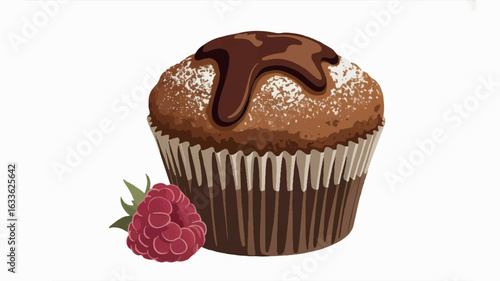 Digital illustration of a delicious chocolate muffin in a brown striped paper cupcake liner