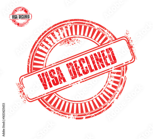 A red rubber stamp with the words 'VISA DECLINED' stamped on it, indicating a rejection of a visa application. This symbolizes travel restrictions and denial of entry.