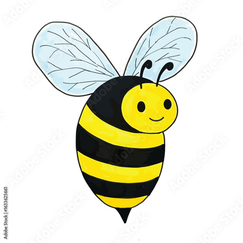 Cute cartoon bee with black and yellow stripes and smiling face.