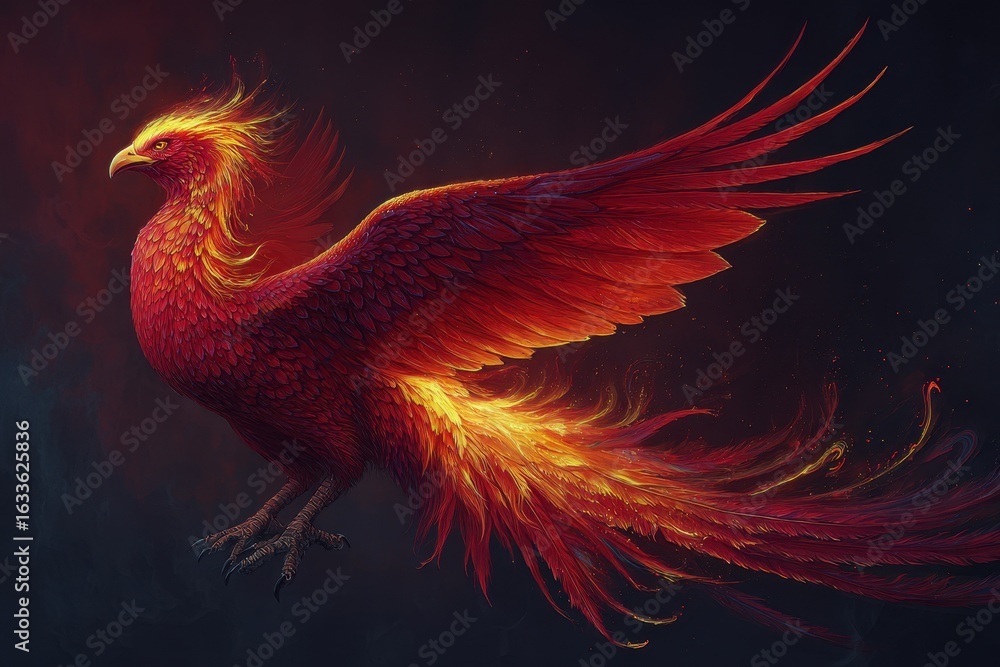 Fototapeta premium Majestic phoenix rises with fiery wings, symbolizing rebirth and strength in a mystical realm
