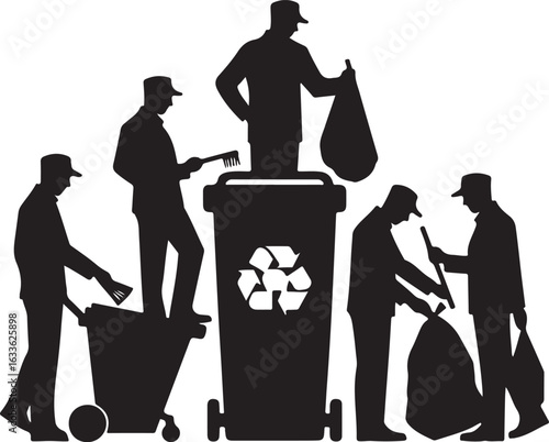 Silhouette Collection of Garbage Men Performing Waste Management Tasks