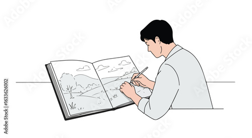 Man drawing landscape in sketchbook