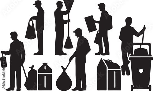 Silhouette Collection of Garbage Men Performing Waste Management Tasks