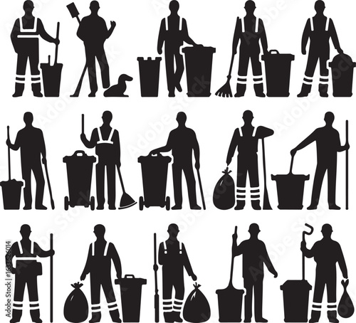 Silhouette Collection of Garbage Men Performing Waste Management Tasks