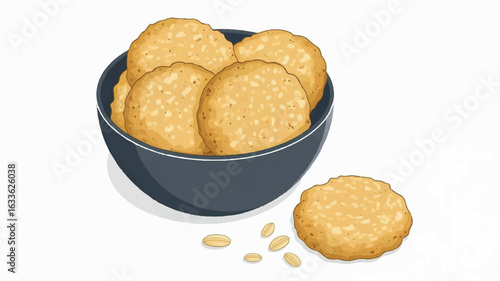 Digital illustration of a dark gray ceramic bowl brimming with golden brown cookies