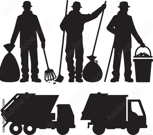 Silhouette Collection of Garbage Men Performing Waste Management Tasks