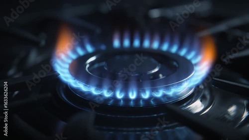 Close-Up View of a Gas Burner Flame on a Modern Kitchen Stove Igniting with Bright Blue Flame