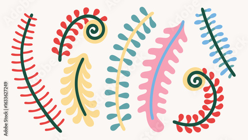 Colorful abstract fern fronds with whimsical shapes and bright pastel hues on a light background design