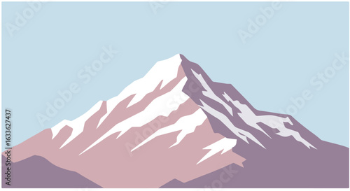 Minimalist landscape of a snow-capped mountain against a light blue sky