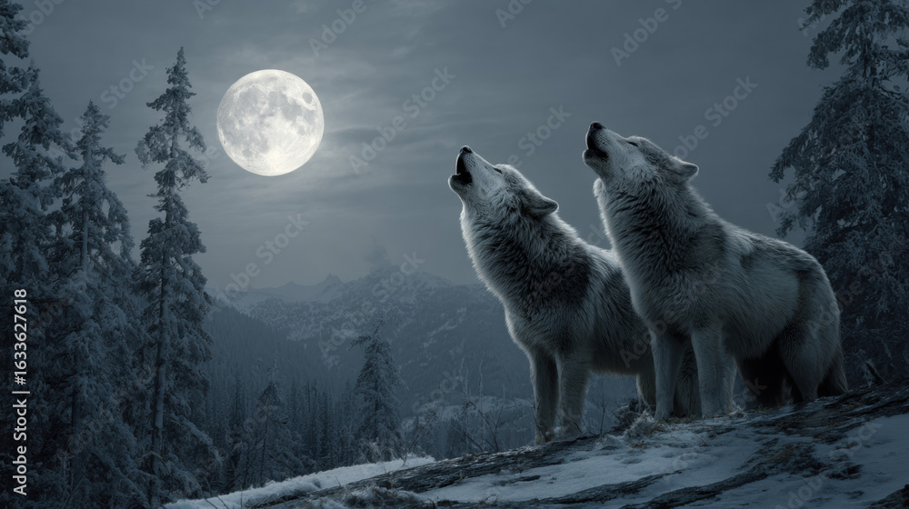 Naklejka premium Two Wolves Howling Under Full Moon in Snowy Forest Landscape