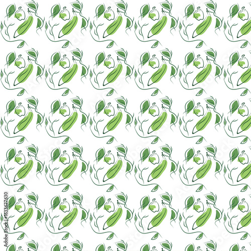 Vector pattern of banana and pepper on the background of a plant with leaves. Vector pattern of vegetables and fruits. Only healthy food. Beautiful pattern that can be applied to any household items.