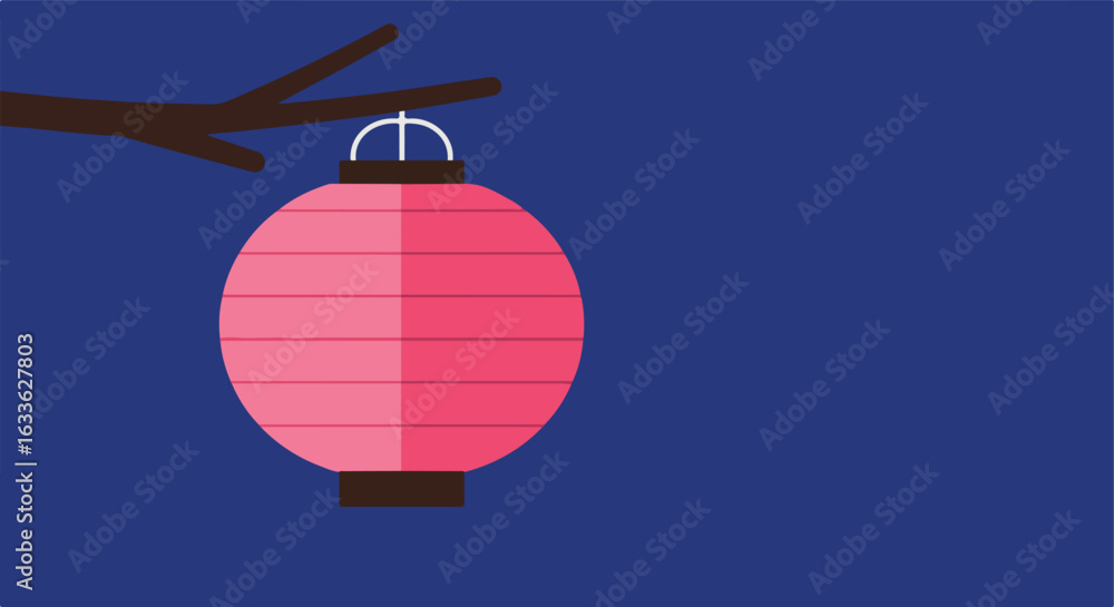 Obraz premium Pink paper lantern hangs from a brown branch, against a dark blue background