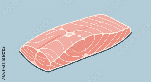 Flat lay illustration of a raw salmon fillet on a light blue background