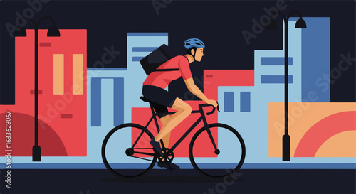 Cyclist with a delivery bag rides past colorful buildings at night