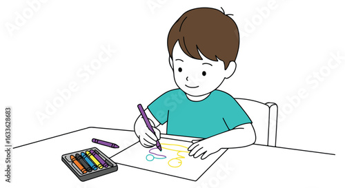 Boy drawing on white paper with crayons on a white table, smiling happily