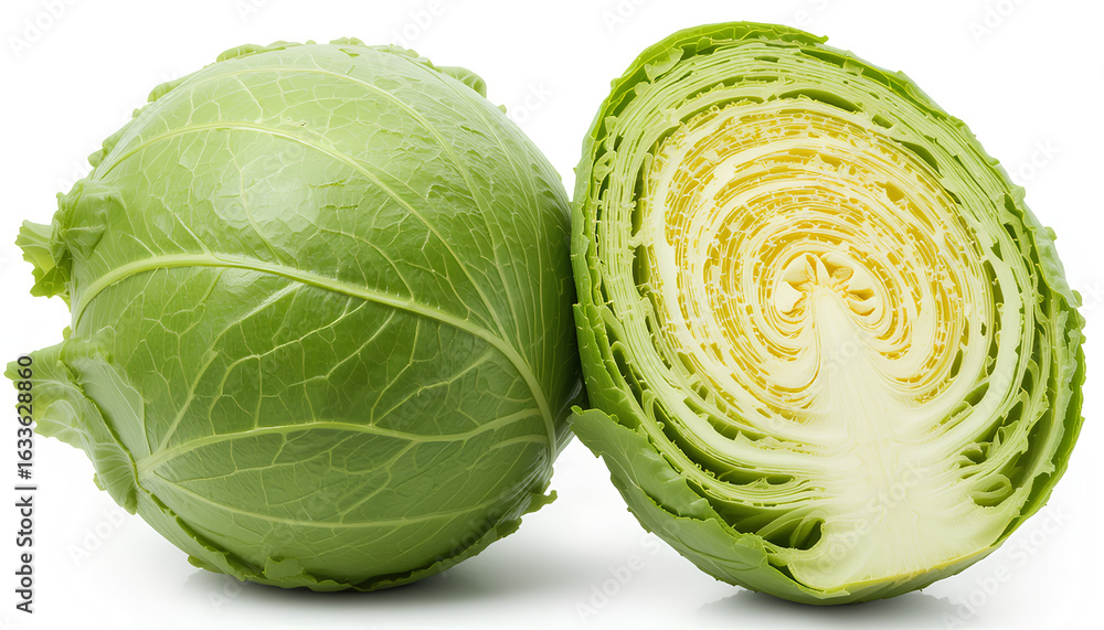 Fototapeta premium Whole and Halved Fresh Green Cabbage on White Background